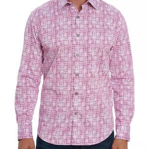 EUC Men's Robert Graham Pink White Print Betts Flip Cuff Stretch Shirt Sz SMALL